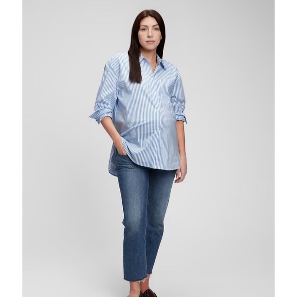 Maternity Button-Front Shirt Blue/White Stripe Size Large